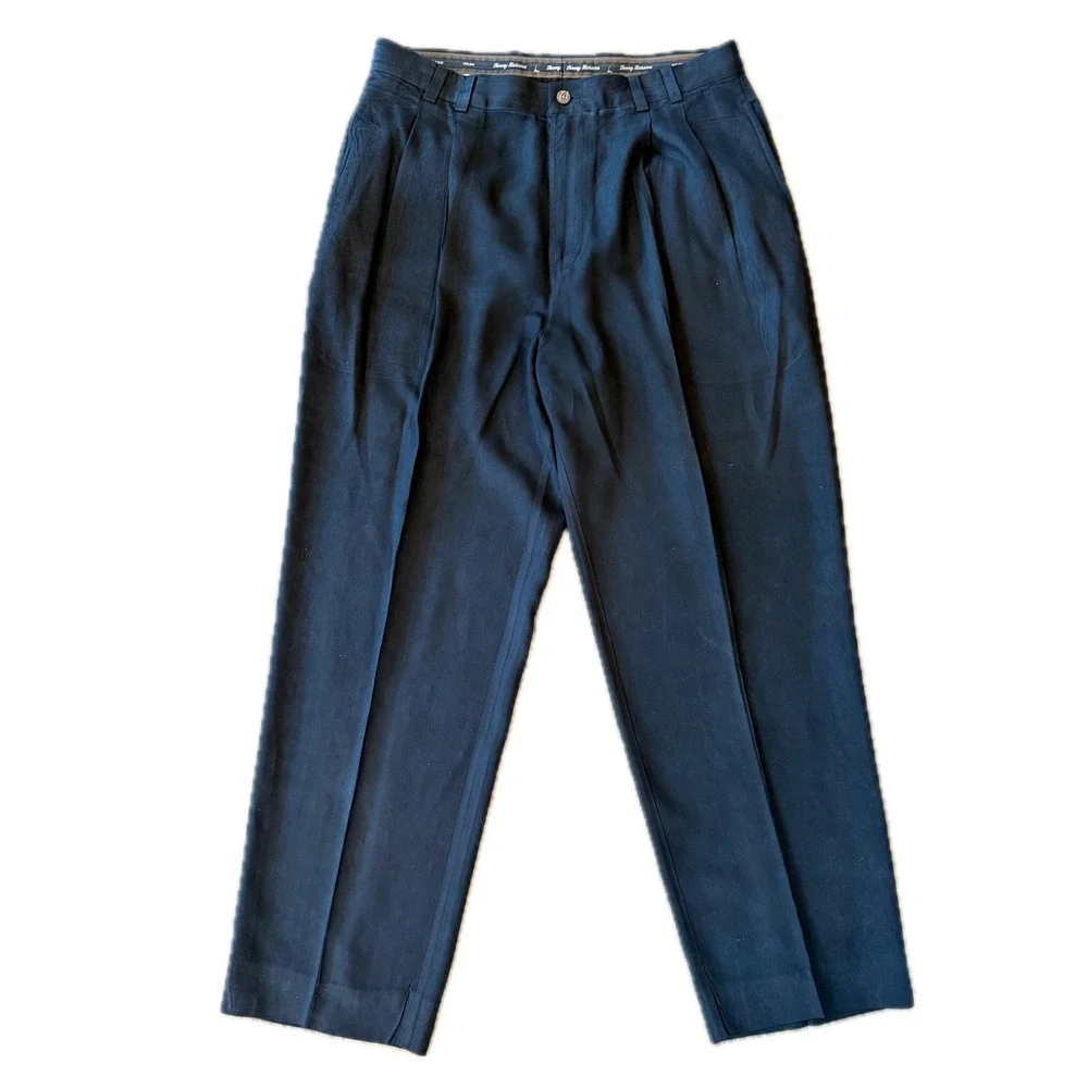 Tommy Bahama Relax Pleated Pants Mens 34 Black Silk Herringbone Quiet Luxury